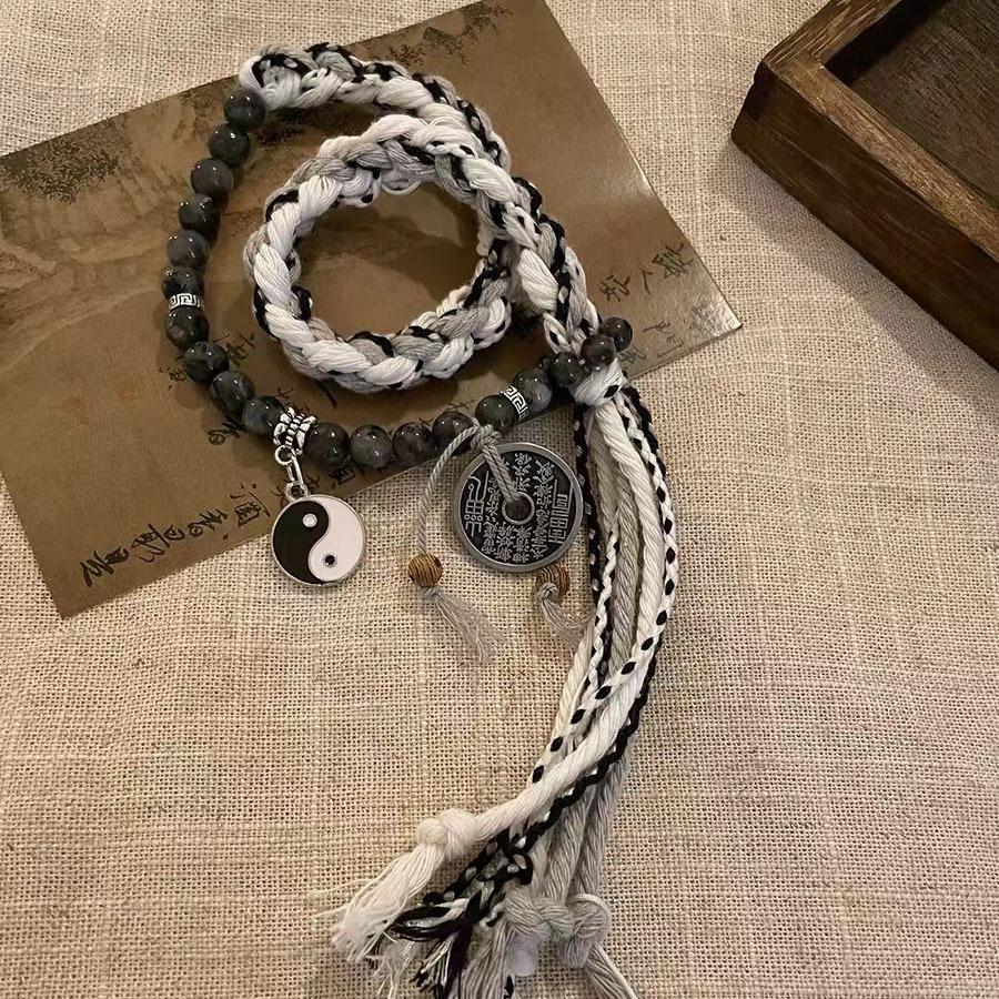 Handmade Braided Bracelets for Women Men Chinese Style Charm Double Layer Stackable Bead String Bracelets Adjustable Jewellery