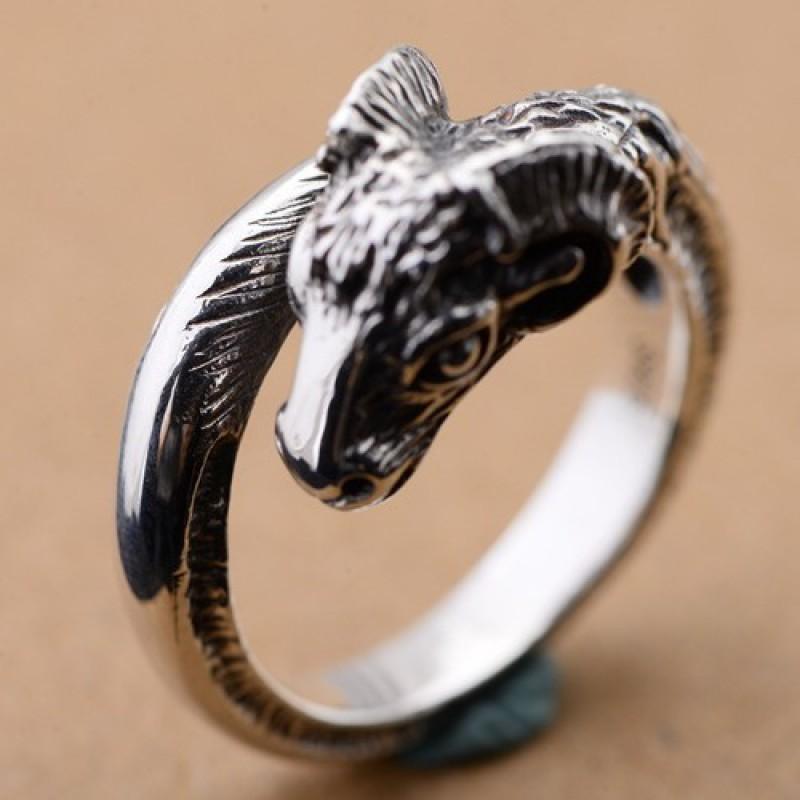 Adjustable Open Ring Men Women Vintage Goat Head Design Sterling Geometric Statement Jewelry
