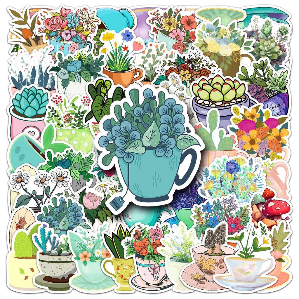 50pcs Artistic Tea Cup Stickers: Fresh, Waterproof, Decorative Milk Tea Designs for Journals and Crafting