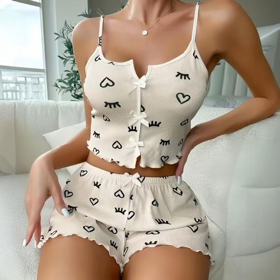 

Women 2 Piece Pajama Set Printed Sleeveless Cami Crop Top And Shorts Sleepwear Set Summer M білий