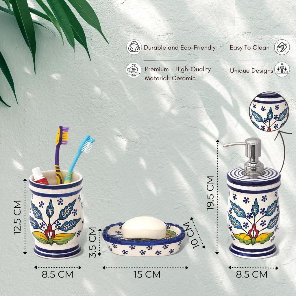 Premium Ceramic Bathroom Accessories Set of 3 | Modern Hand-Painted Bath Set with 300ml Soap Dispenser, Toothbrush Holder & Soap Dish |