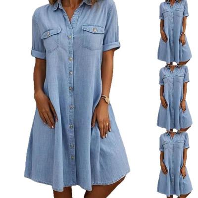 Women's Summer Short Sleeve Denim Shirt Dress Business Casual Button Down Midi Long Jean Dress