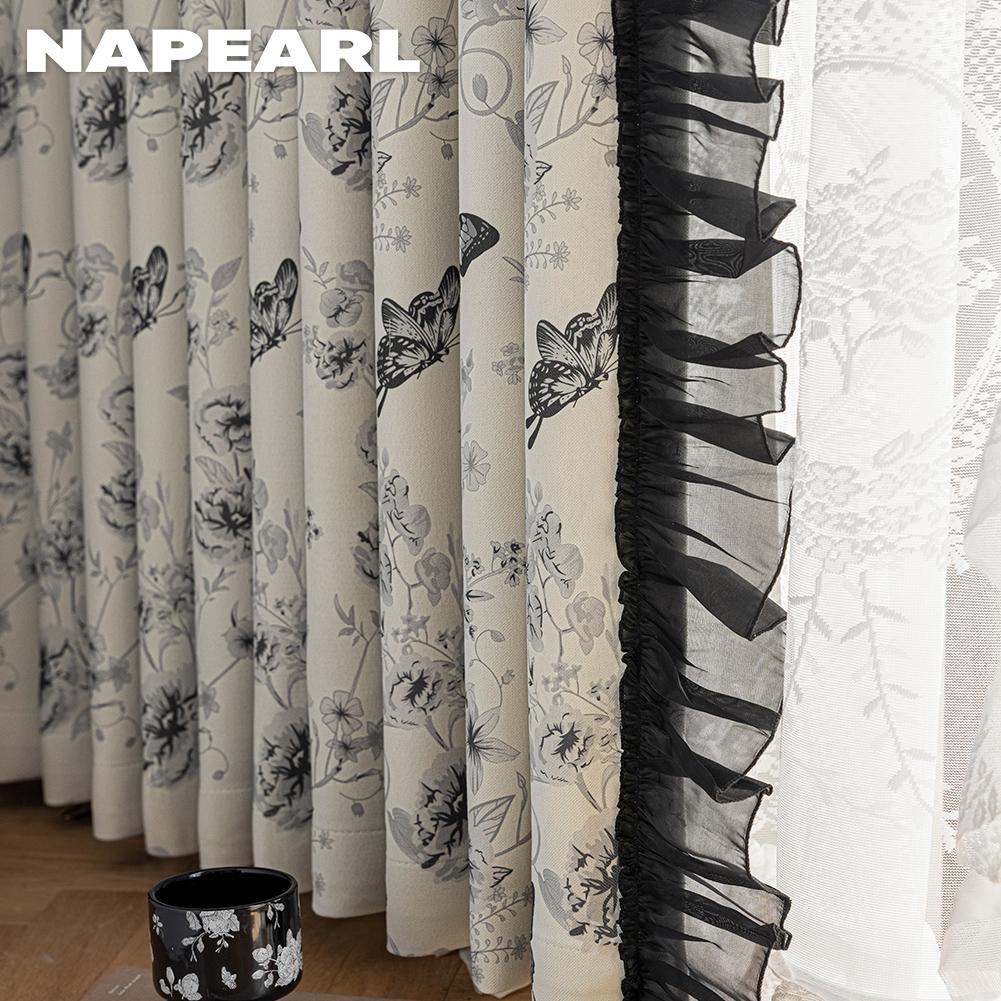 1PC NAPEARL 70-80% Blackout French Romantic Retro Fluture Secret Realm Printed Volane Perdele pentru dormitor Living Room Decor