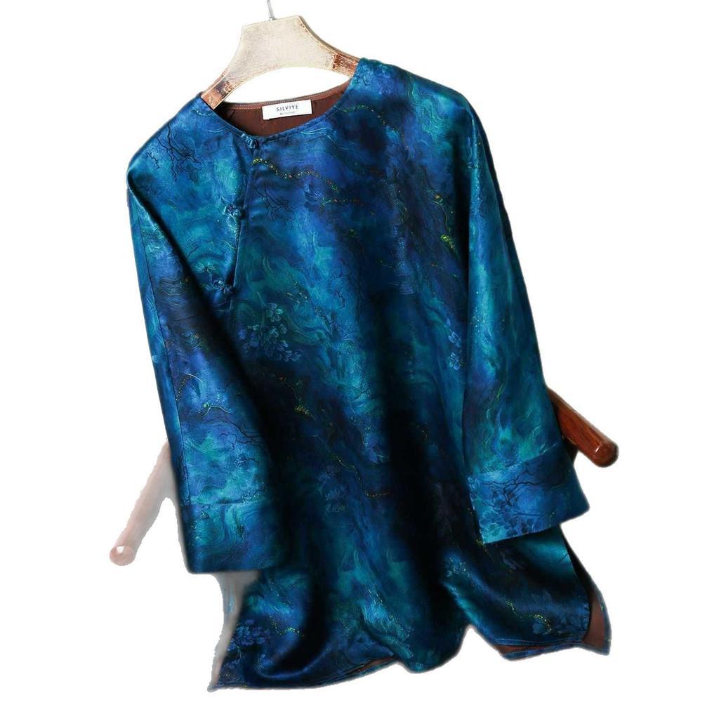 Women's Floral Silk Xiangyunsha Oblique Lapel Tie-Up Shirt - Man-made Silk, Loose Fit, National Style, for Spring/Summer