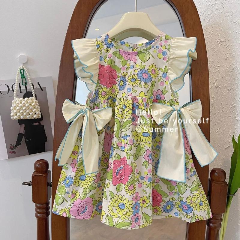 Floral Dress Flower Girls Casual Wedding Dress with Flower Print Baby Girl Dress