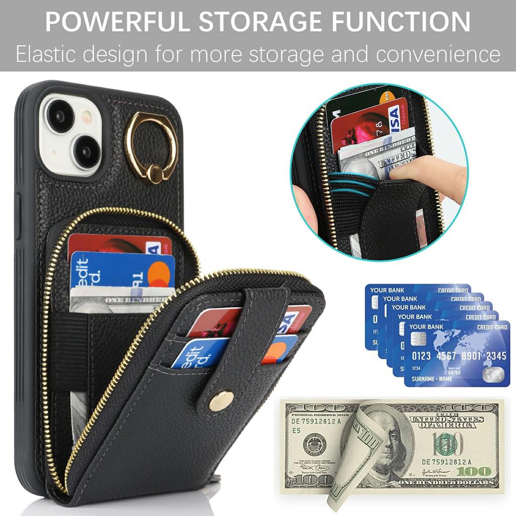 For iPhone 15 Plus/14 Plus Case with Zipper Pouch/Ring Kickstand/Strap Litchi Texture PU+TPU Phone Cover
