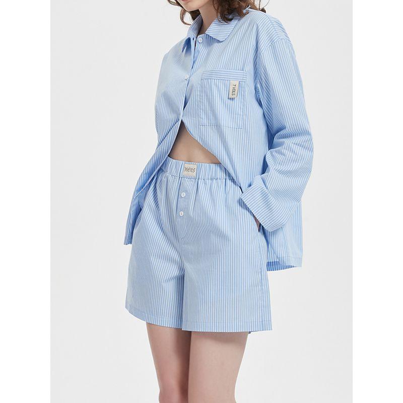 Classic Blue and White Stripes Cotton Women's Long-Sleeved Shorts Pajamas