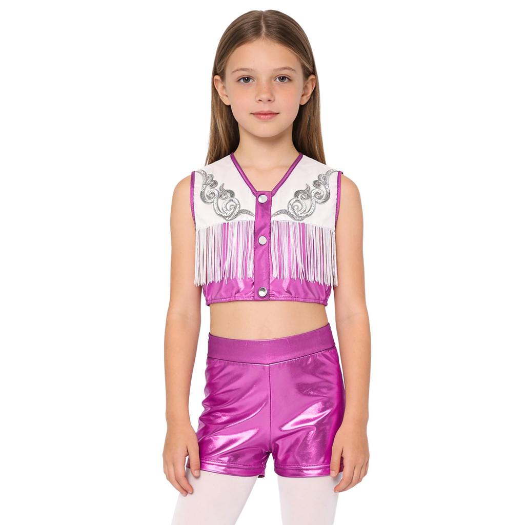 Children‘s Cowgirl Costume Set Sequins Metallic Fringe Sleeveless Top and Matching Shorts for Western Theme Fancy Ball Party