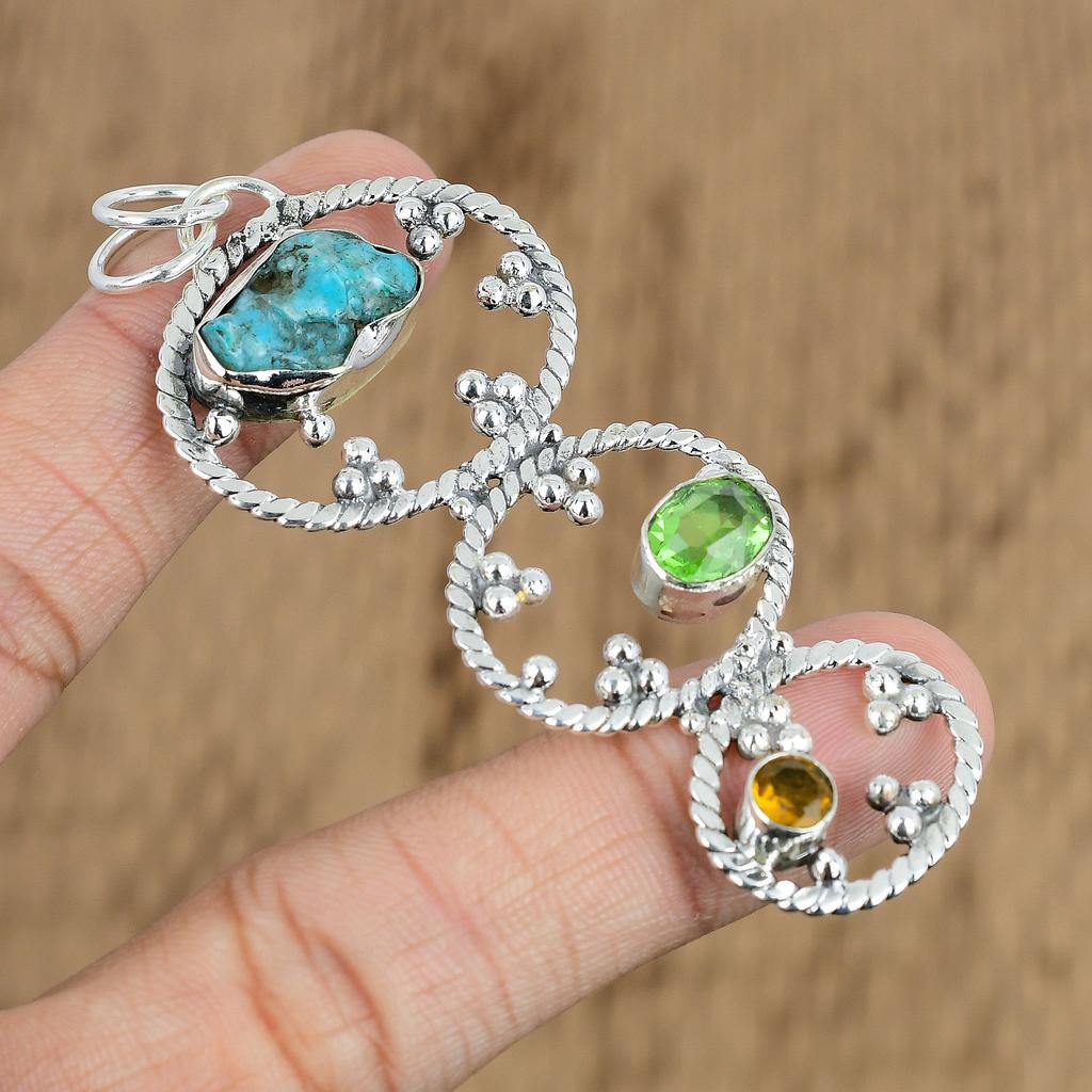 925 Sterling Silver Tibetan Turquoise Stone Swiss Blue Topaz New Pendant Jewelry