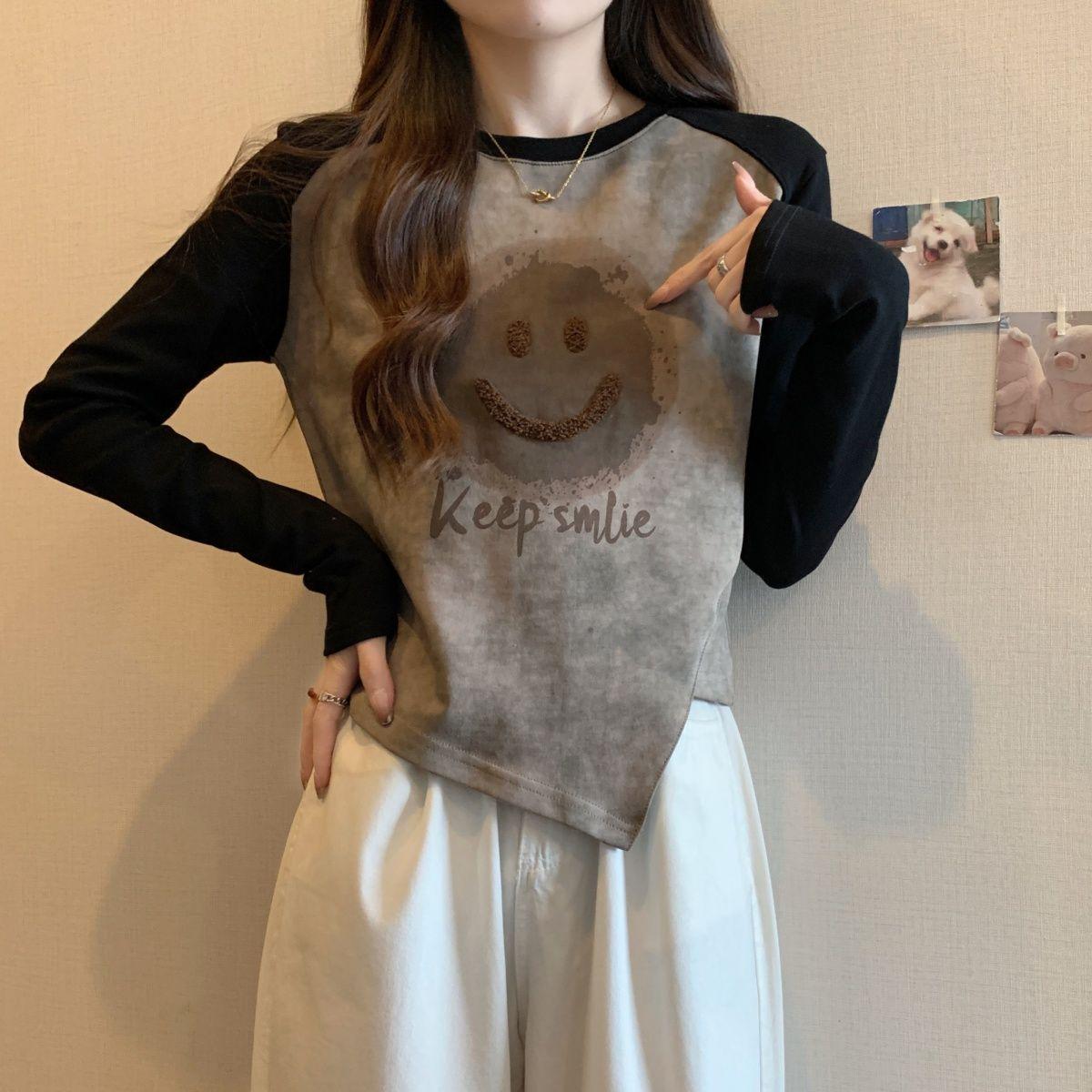 Plus Size Tie-Dye Letter Print Long Sleeve Women s Slimming Base Layer Top XL хаки