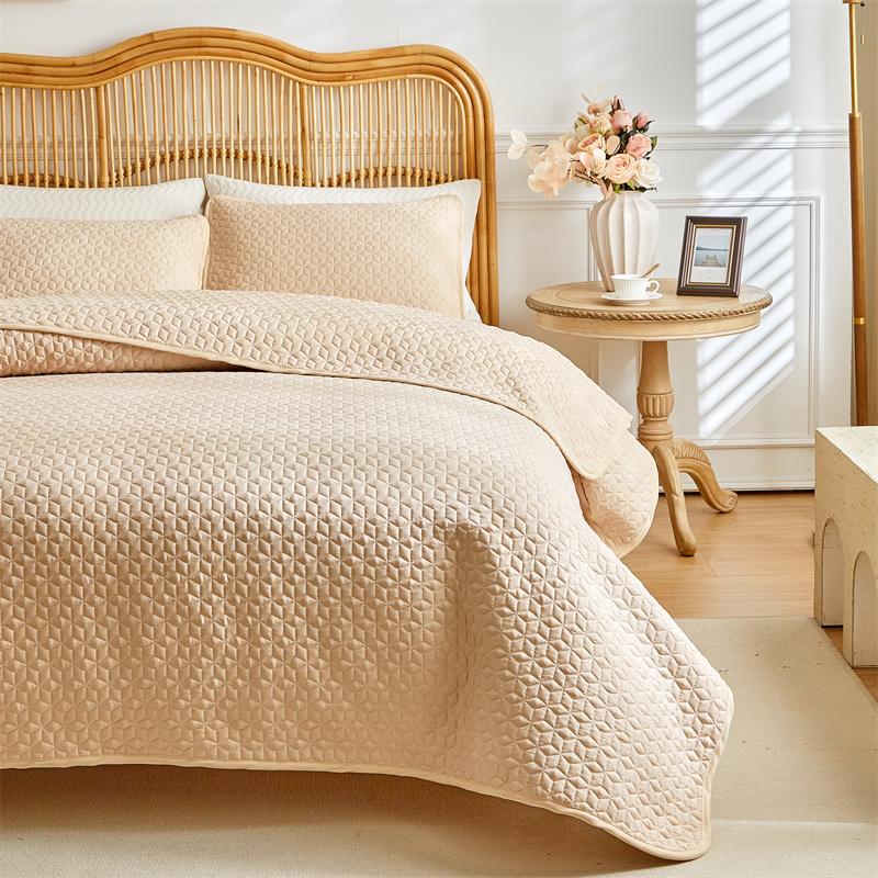 1pc Bedspread+ Pillowcase 3pcs Set Solid Color Ultrasonic Quilted Bedsheet Gentle Breathable Blanket for Home Decoration