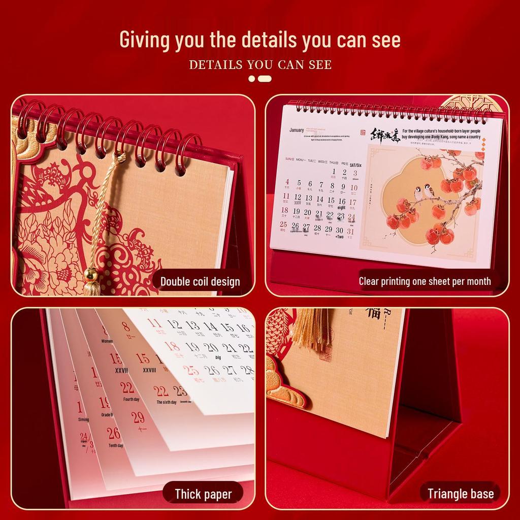 2026 Year of the Horse Chinese Style Custom Table Calendar with Pictures - Creative Desktop Ornament & Office Hollowed-Out Design