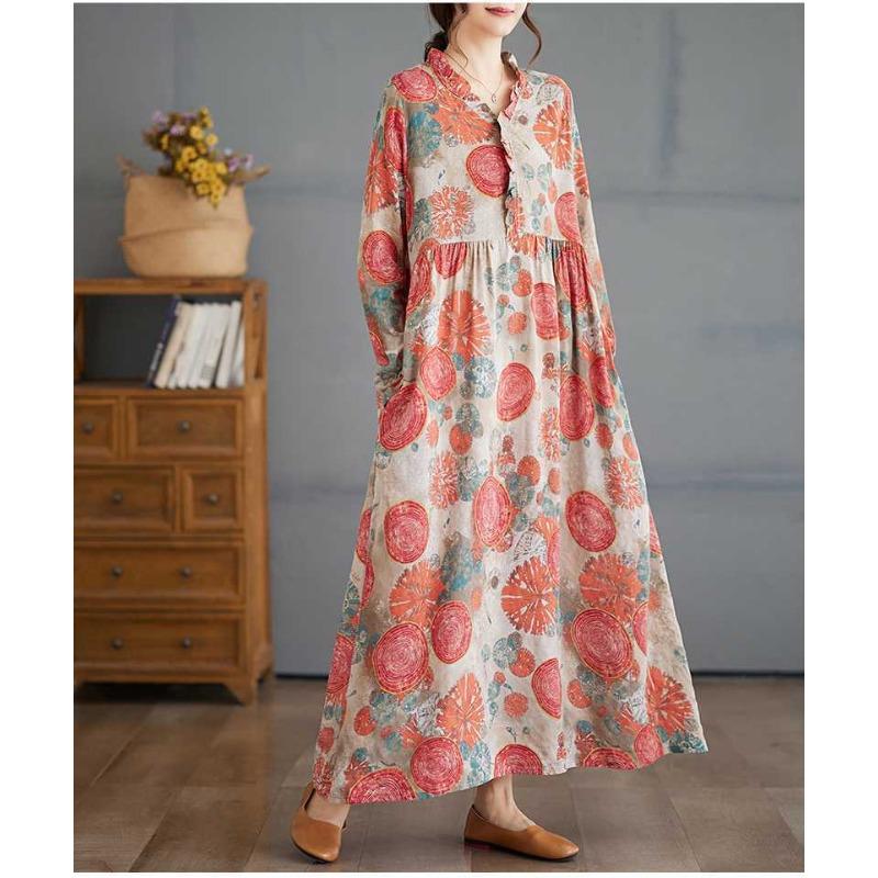 Vintage Printed Loose Lace Long Sleeve Hem Long Dresses