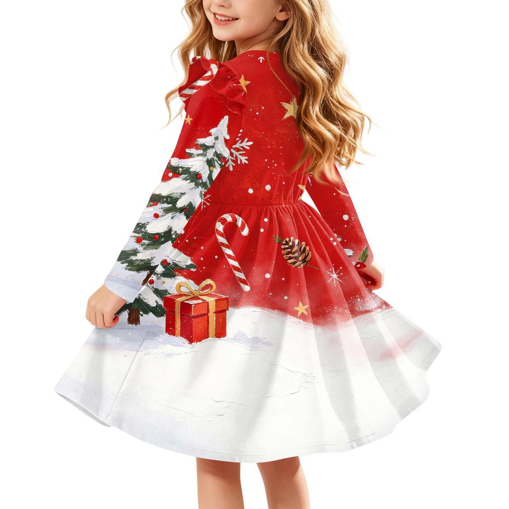 Girls Christmas Print Long Sleeve Dress with Sleeves for Holiday Party and