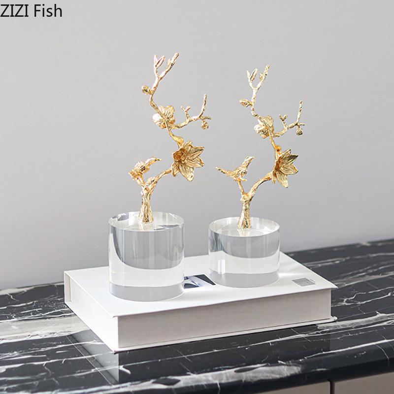 Golden Branches and Birds Ornaments Crystal Base Desk Decoration Crafts Gold-plated Flower and Bird Statue Room Aesthetic Decor