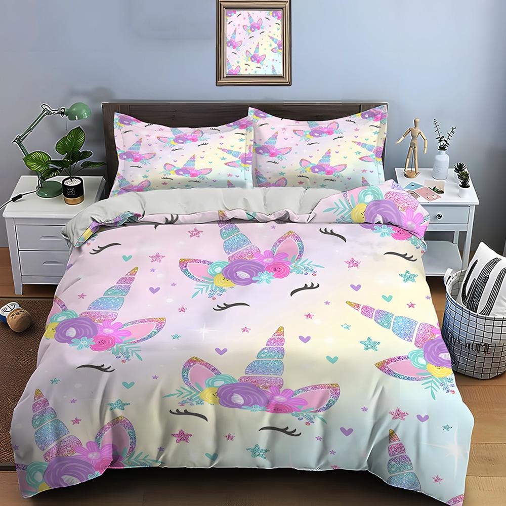 3PC Pink Unicorn Print Bedding Set Duvet Cover 1 Duvet Cover 2 Pillowcases Adult and Children Bedding Set Luxury To Girls Gifts