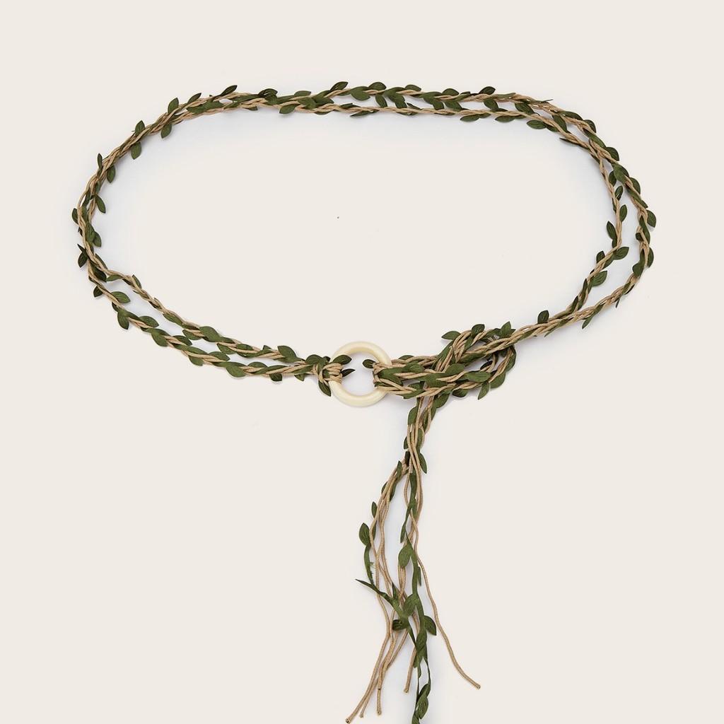 Creative Wooden Circular Buckle Decoration Leaf Branch Design Women Weaving Belt