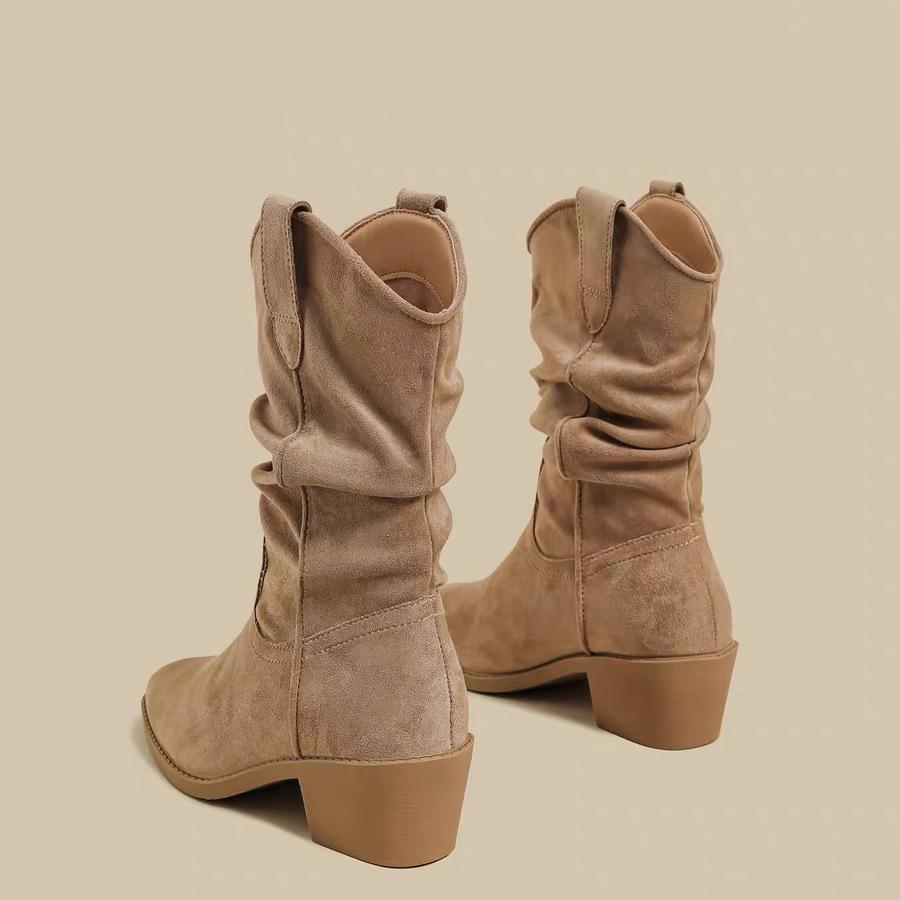 2025 Autumn and Winter New Thick-heeled Martin Boots Women's Retro Wasteland Wind Pleated Medium Boots High-heeled Suede Knight Boots