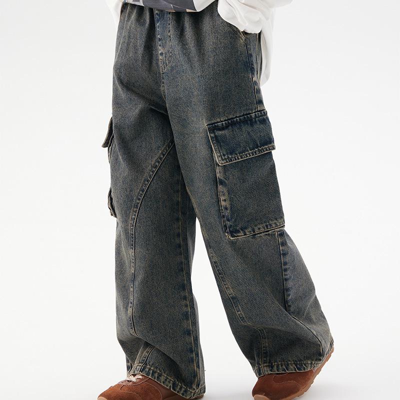 2025 Autumn Kids' Retro Pocket Patchwork Wide-Leg Jeans