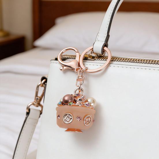 Treasure Bowl Keychain Rhinestone Wealth Charm with Key Ring Backpack Handbag Charm Keychain Gift for Men Women Friends