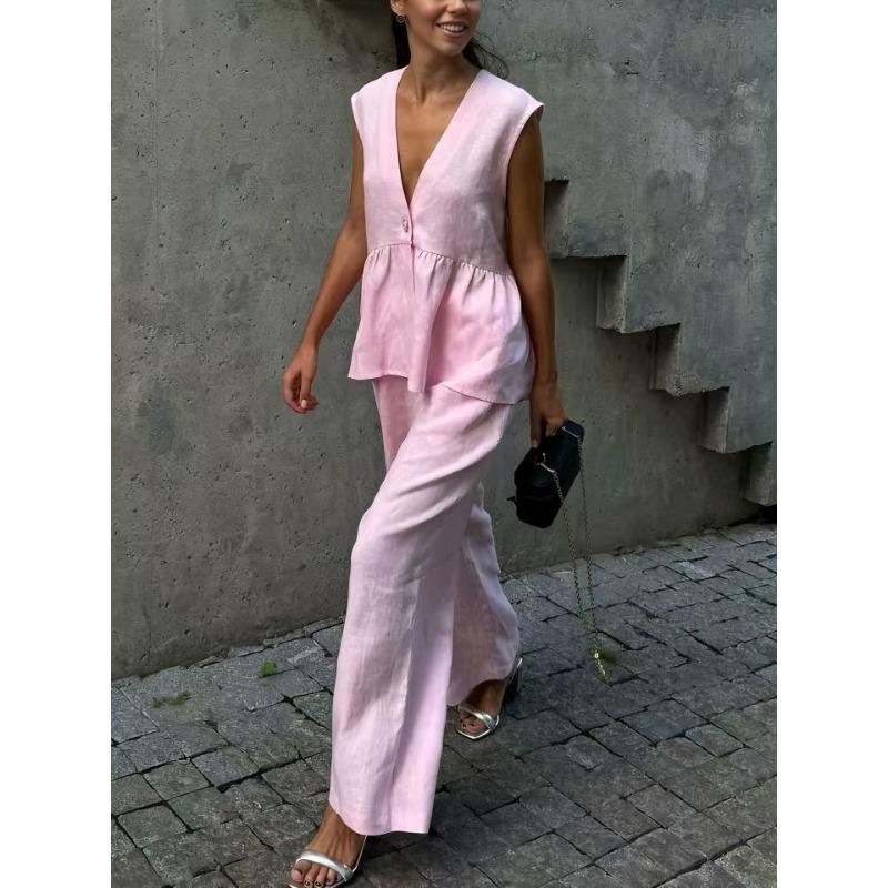 JKASHDK Women's Fashion Casual Summer Spring Solid Color Print Sleeveless V-Neck Trousers Pants Suits