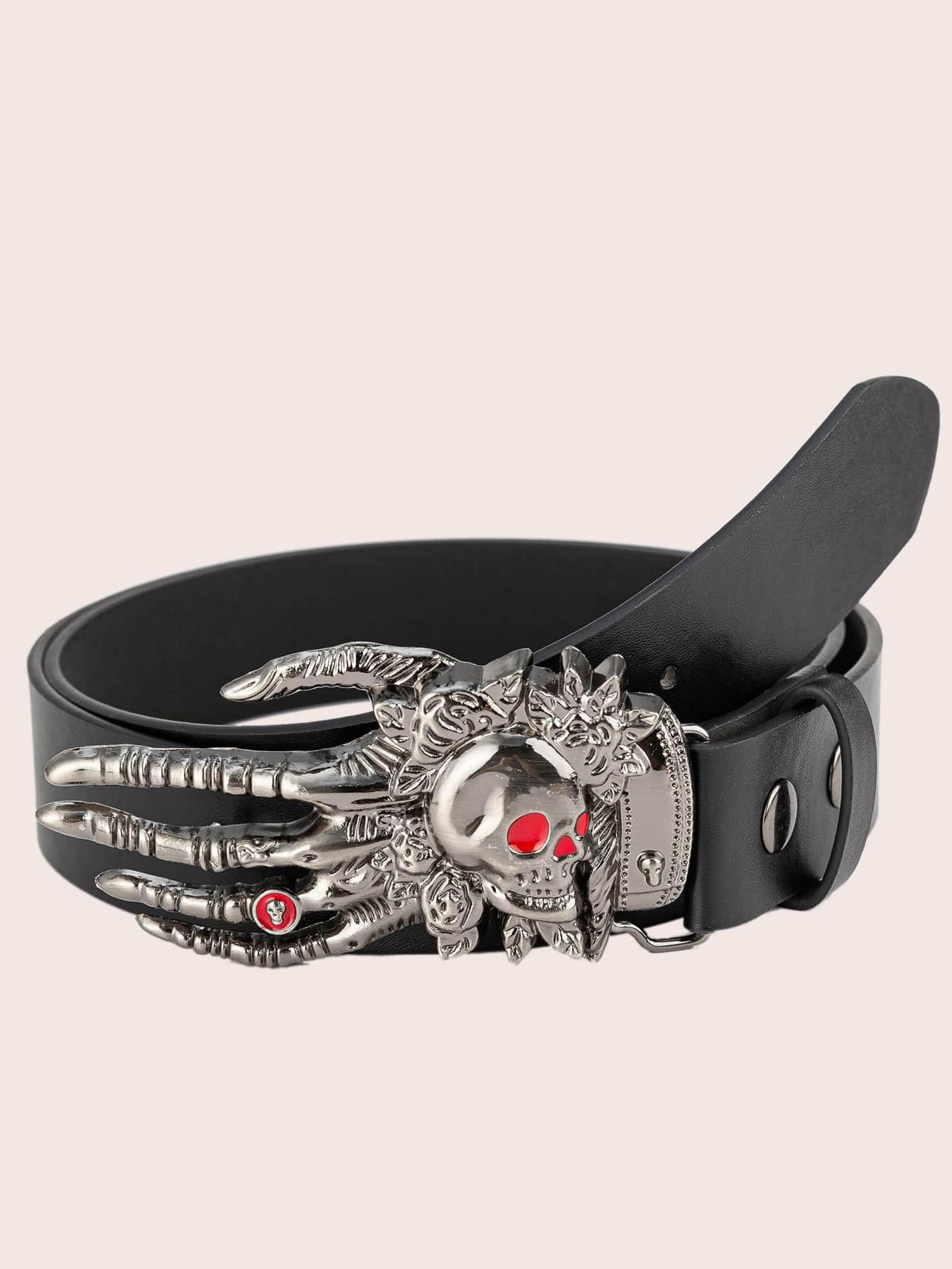 

Ремень мужской в стиле панк, забавный, с изображением черепа и ладони, гладкий, с пуговицами, с пуговицей, ремень из искусственной кожи 140cm