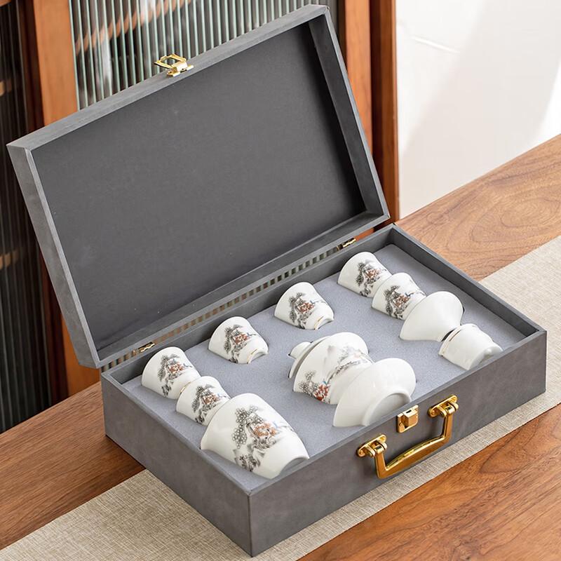 Gold-Inlaid Jade Gilded Ceramic Tea Set with Bamboo Tray