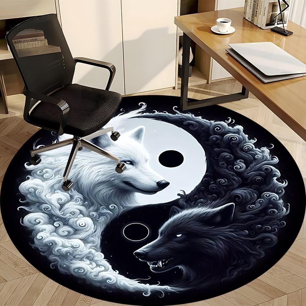 1pc Wolf YinYang Office Round Area Rug, Under Office Chairs Bedroom Living Room Home Decor, Room Deco, Available In Various Sizes