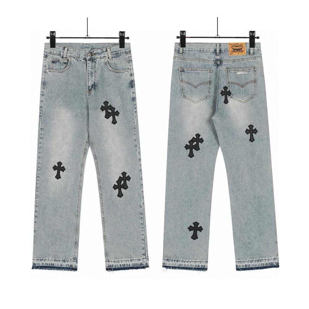 99150 CHROME HEARTS Pánské a dámské trendy džíny v americkém stylu s látkovými nášivkami, výšivkou, ležérní a módní high street kalhoty