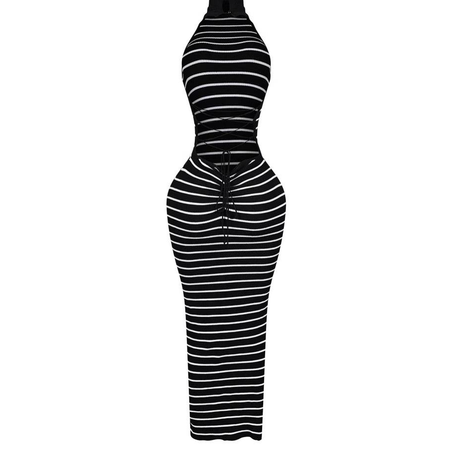 Women'S Clothing European And American Fashion Sexy Striped Small Turtleneck Long Dress