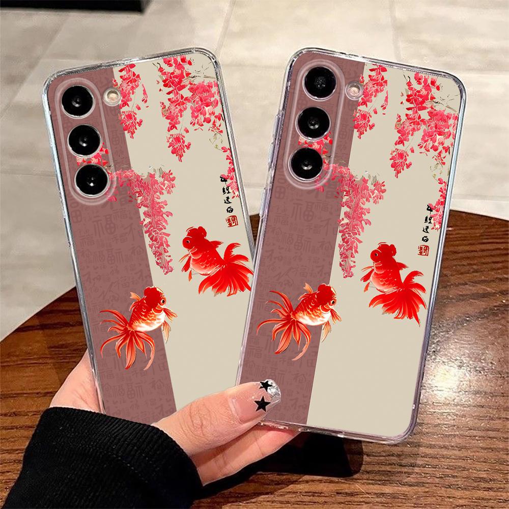 Phone Case For Samsung M33 5G A14 S23 S23 Plus S23 Ultra S23 Fe S24 Anti-Yellow Goldfish Koi Flowers Two-Color Silicone Cover