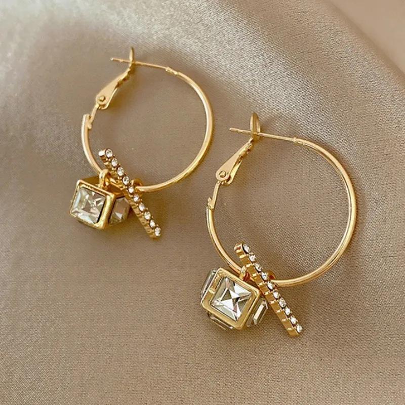 

New Korean Trendy Charm Geometric Square Crystal Drop Dangle Earrings for Women Luxury Gold Color Hoop Earring Party Jewelry золотой