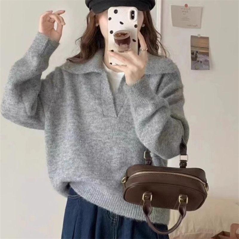 French Retro Soft Knit Sweater for Women - Autumn/Winter Loose Fit with Turn-Down Collar