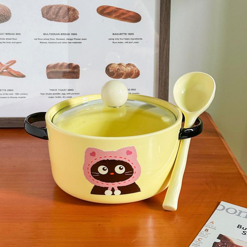 Cute cat ceramic instant noodle bowl with lid student dormitory instant noodle bowl large capacity snail powder personal special bowl
