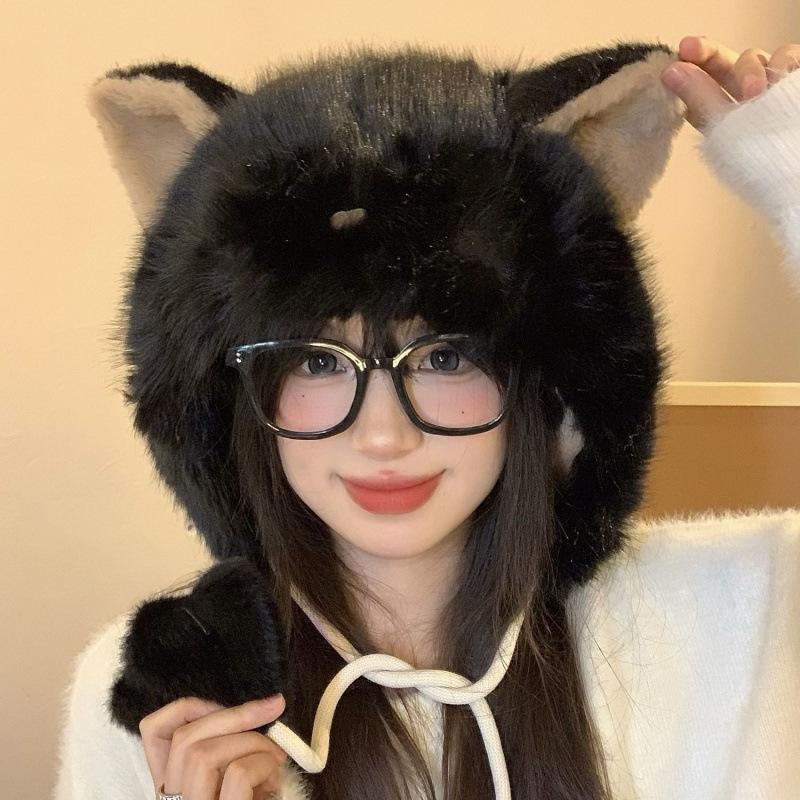 Cute Blush Kitten Ears Plush Hat Women's Autumn and Winter Furry Warm Ear Protection Hat Showing Face Small Hat