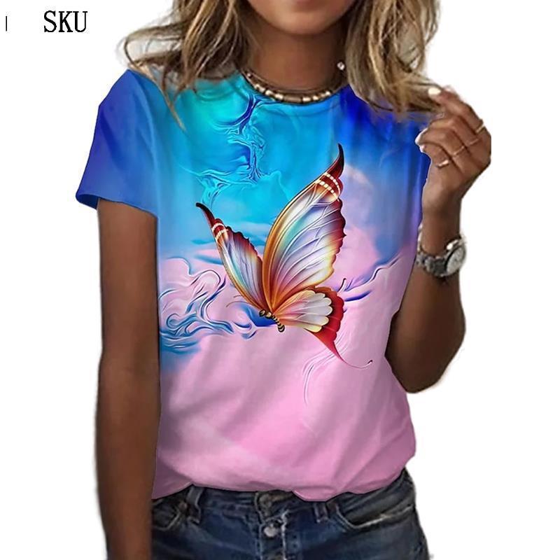 Summer Round Neck 3D Feather Animal Simplicity Print Top Fashionable Casual Short Sleeved Women's T-shirts
