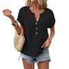 Women Shirt V-Neck Buttons Decor Short Sleeve Loose Fit Shirt Solid Color Casual Summer Tee Shirt Daily Wear