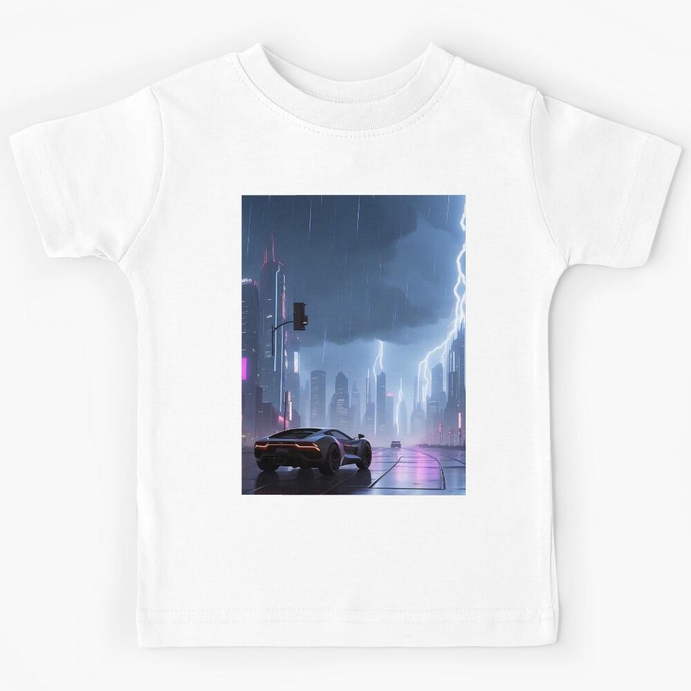 Futuristic city, rainy night, lightning, car, illuminated billboards Kids T-Shirt 170