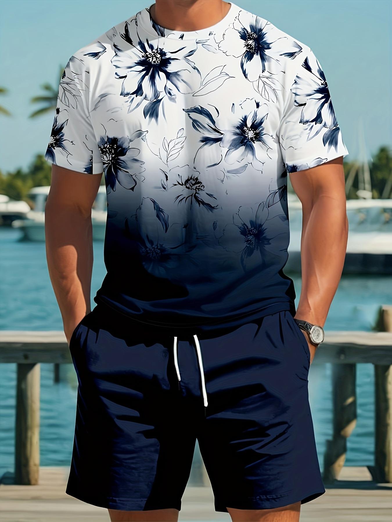 Men 2Pcs Summer Casual Suit Hibiscus Print T-Shirt + Shorts S