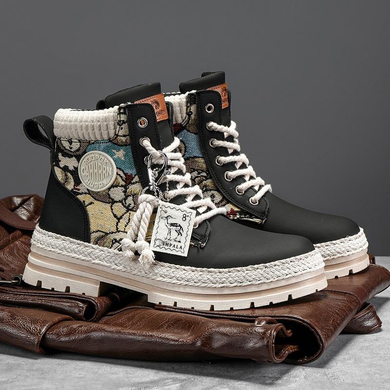 Men's boots autumn and winter high-top Martin boots men's locomotive tooling boots men's velvet leather boots increase height