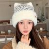 Cute cat ears Fair Island wind wool hat women's winter plush thermal headhat showing face small knitted hat
