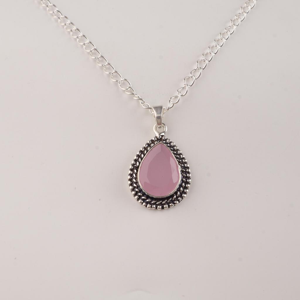 Rose Chalcedony Gemstone 925 Sterling Silver Handcrafted Jewelry Everyday Wear Pendant 1.5" For Her APP-2-16