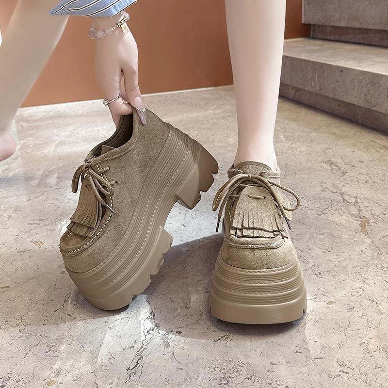 Fashion 10CM Women‘s Casual Loafers Suede Leather Pumps Tassel Design Monk Shoes Autumn Slip-On High Heels Comfortable Chunky Sneakers