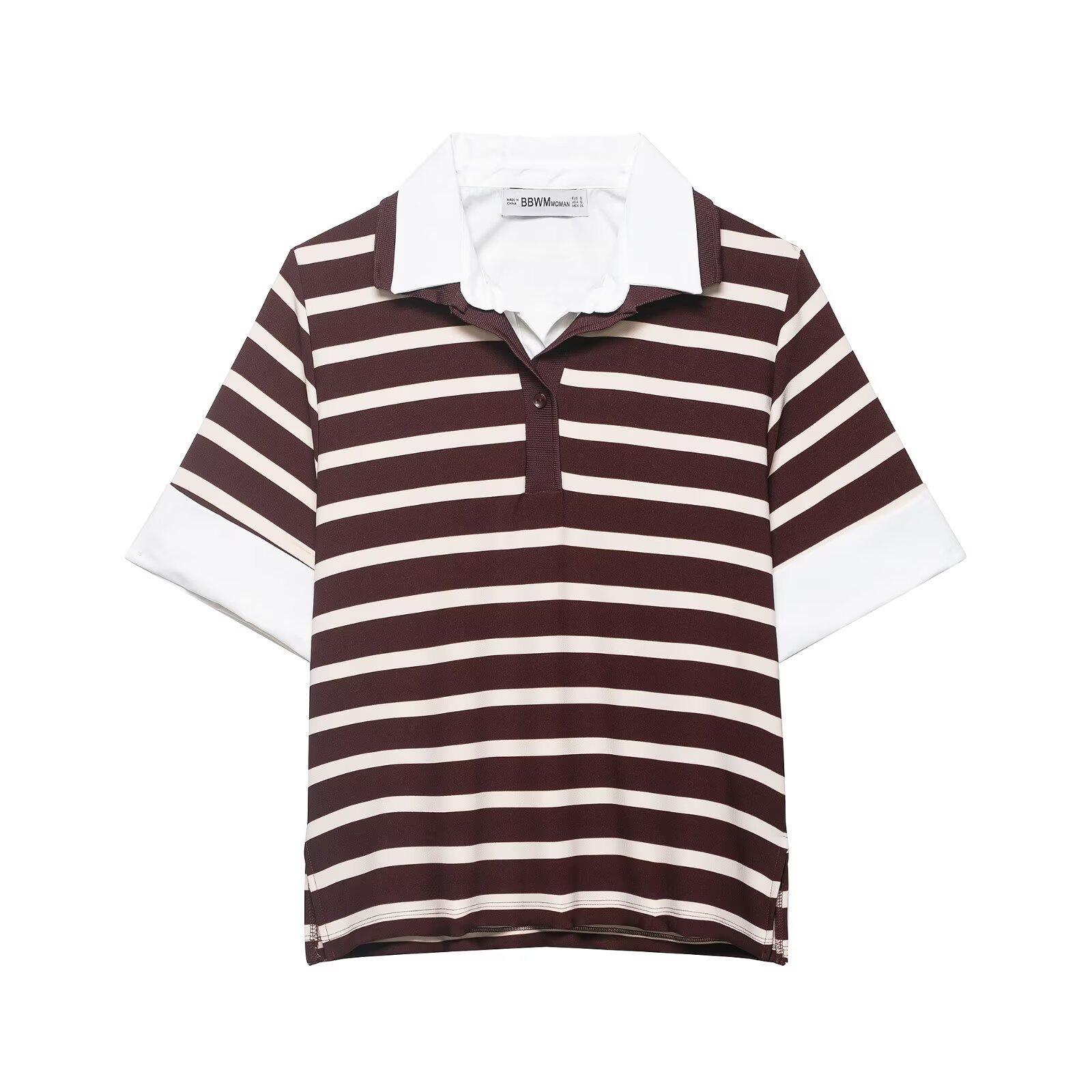Women s popular fashion casual striped spliced POLO shirt collar top XS