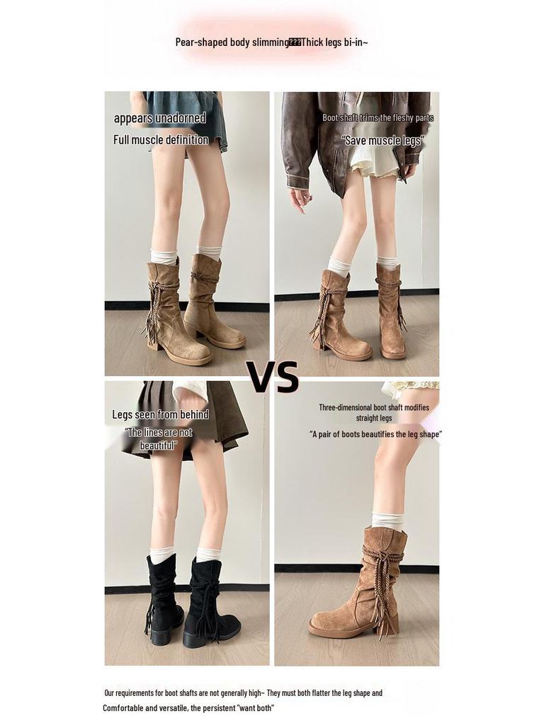 Women's Retro Chunky Heel Tassel Boots - Suede Mid-Calf Ruched Cowboy Style for Autumn/Winter