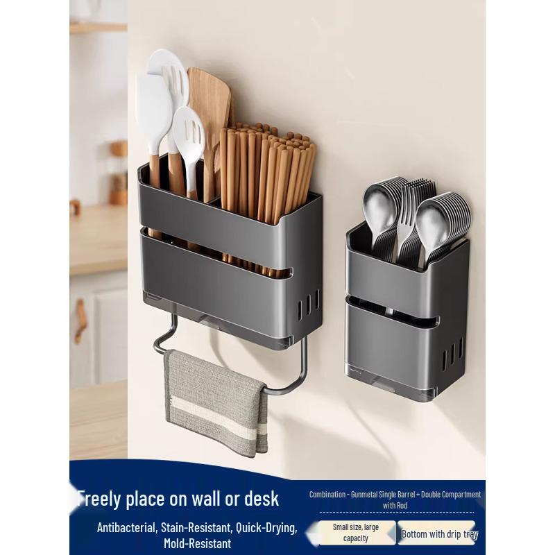 Wall-Mounted Kitchen Chopsticks & Utensil Holder with Draining Basket and Rag Rack