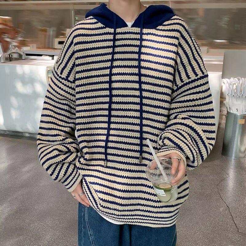 Unisex Striped Hooded Cardigan: Retro Streetwear, Autumn/Winter Cozy Casual Loose Knit for Teens