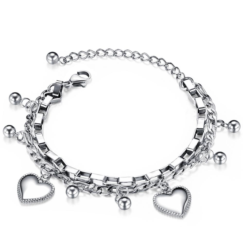 New Stainless Steel Girls Bracelets Women Gift Multi-layer Stylish Heart Charm Bracelet Adjustable Best Selling