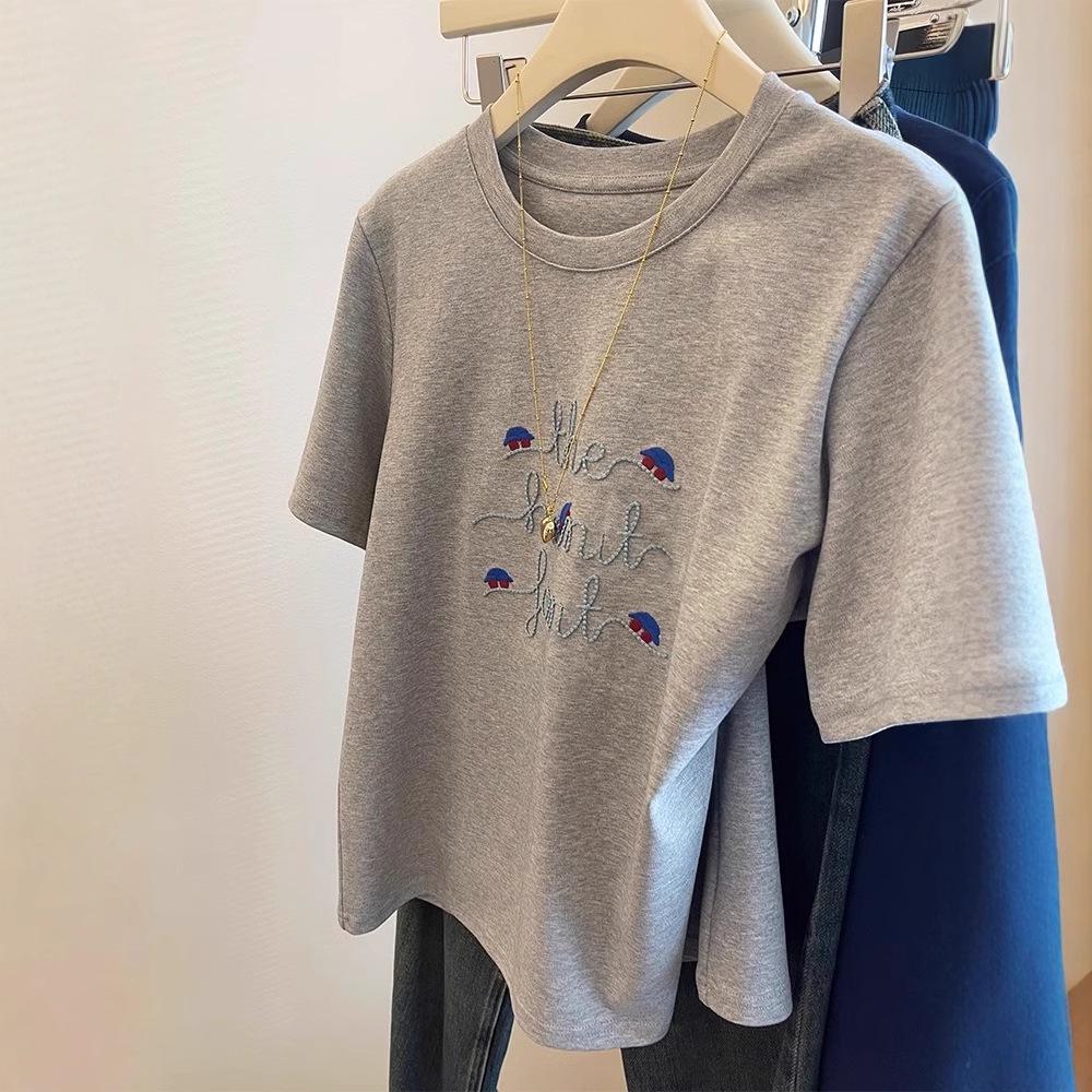 Women's Gray Embroidered Retro Short Sleeve T-Shirt - 2025 Spring Casual Loose Fit Base Layer