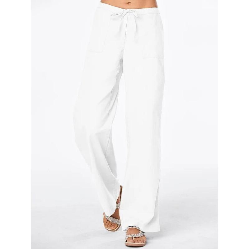 GMXIA Damen Einfarbige Schnürtasche Lose Lässige Leinenhose mit weitem Bein